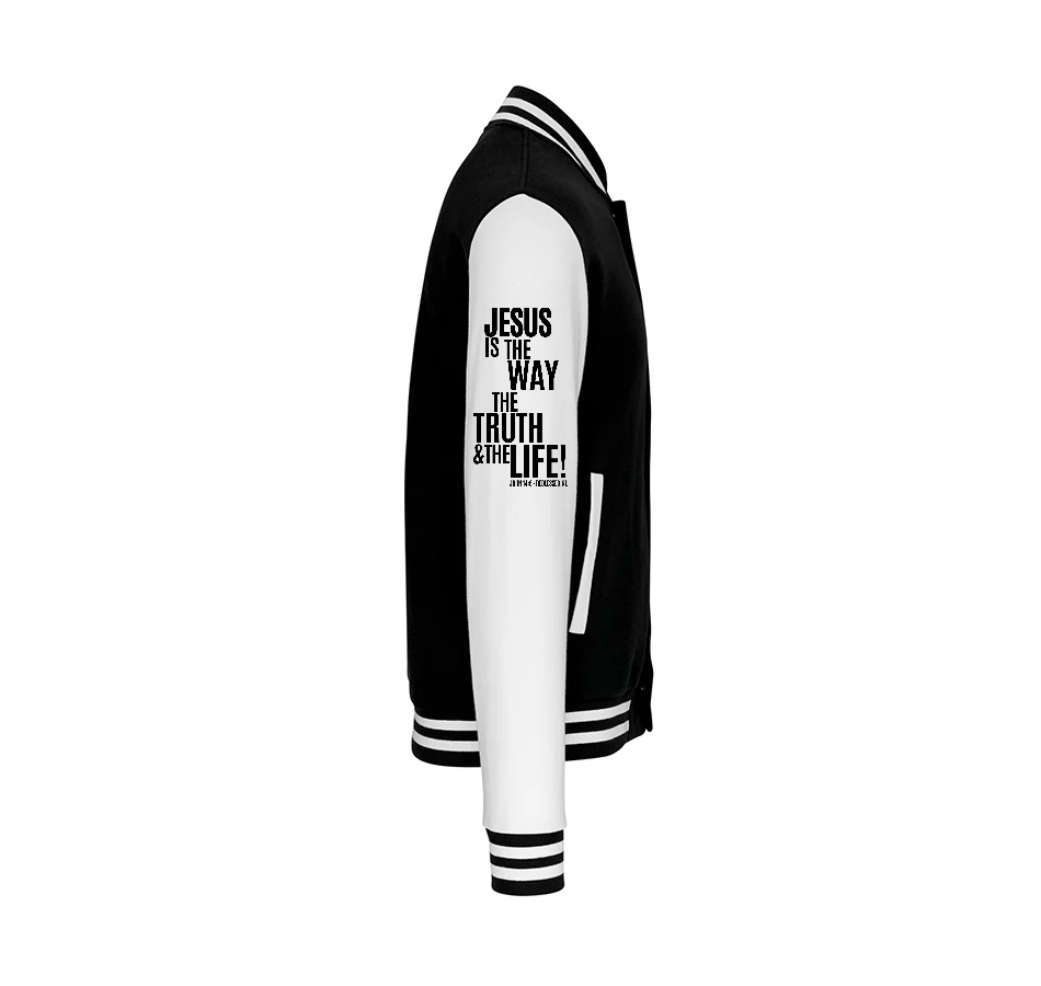 K497 - College Varsity jacket unisex met mouwopdruk: "Jesus is The Way The Truth The Life John 14:6"