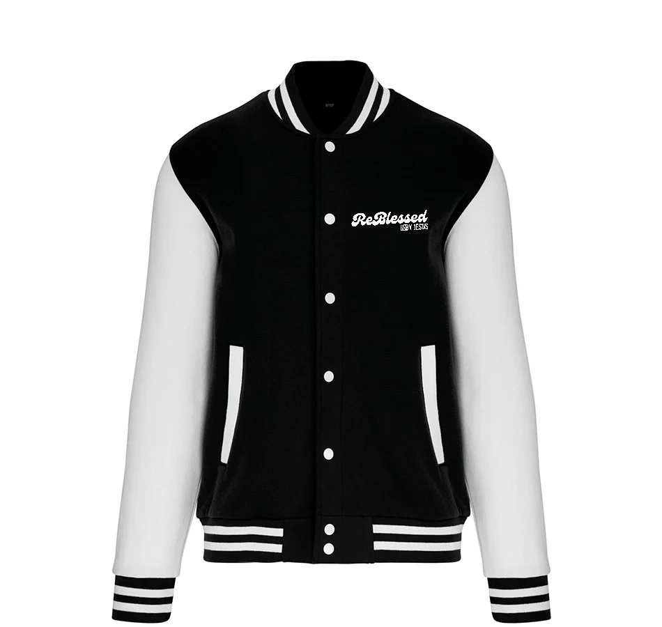 K497 - College Varsity jacket unisex met mouwopdruk: "Jesus is The Way The Truth The Life John 14:6"