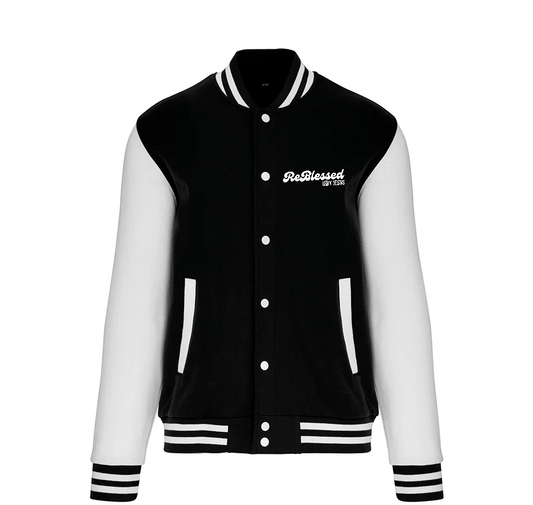 K497 - College Varsity jacket unisex met mouwopdruk: "Jesus is The Way The Truth The Life John 14:6"