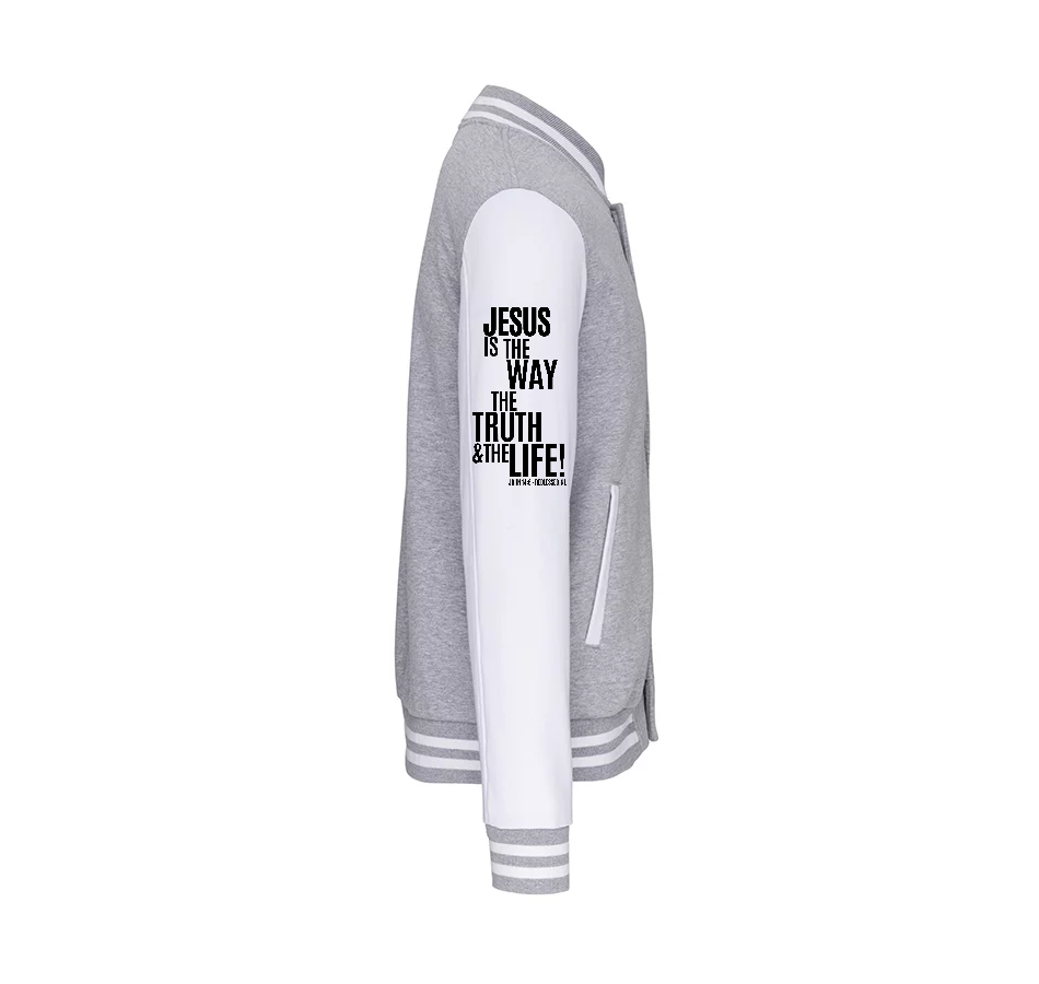 K497 - College Varsity jacket unisex met mouwopdruk: "Jesus is The Way The Truth The Life John 14:6"