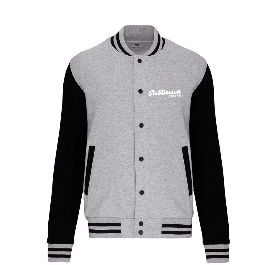 K497 - College Varsity jacket unisex met mouwopdruk: "Jesus is The Way The Truth The Life John 14:6"