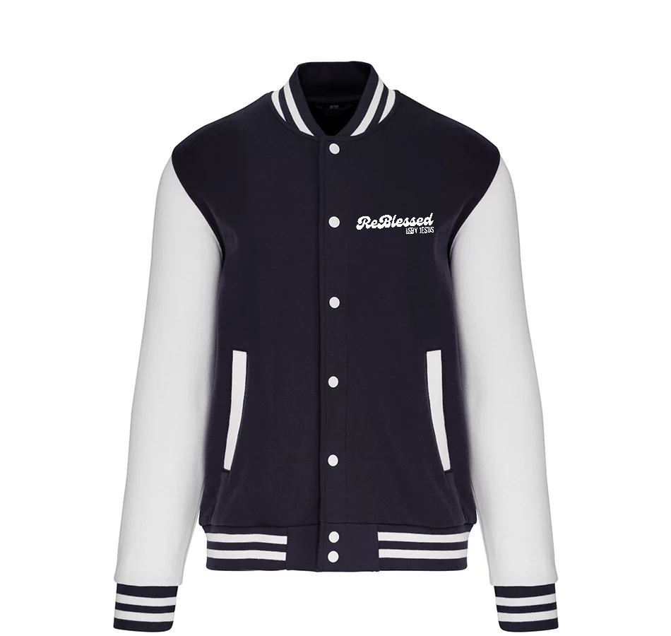 K497 - College Varsity jacket unisex met mouwopdruk: "Jesus is The Way The Truth The Life John 14:6"