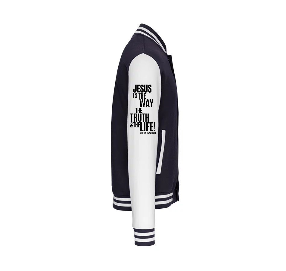 K497 - College Varsity jacket unisex met mouwopdruk: "Jesus is The Way The Truth The Life John 14:6"