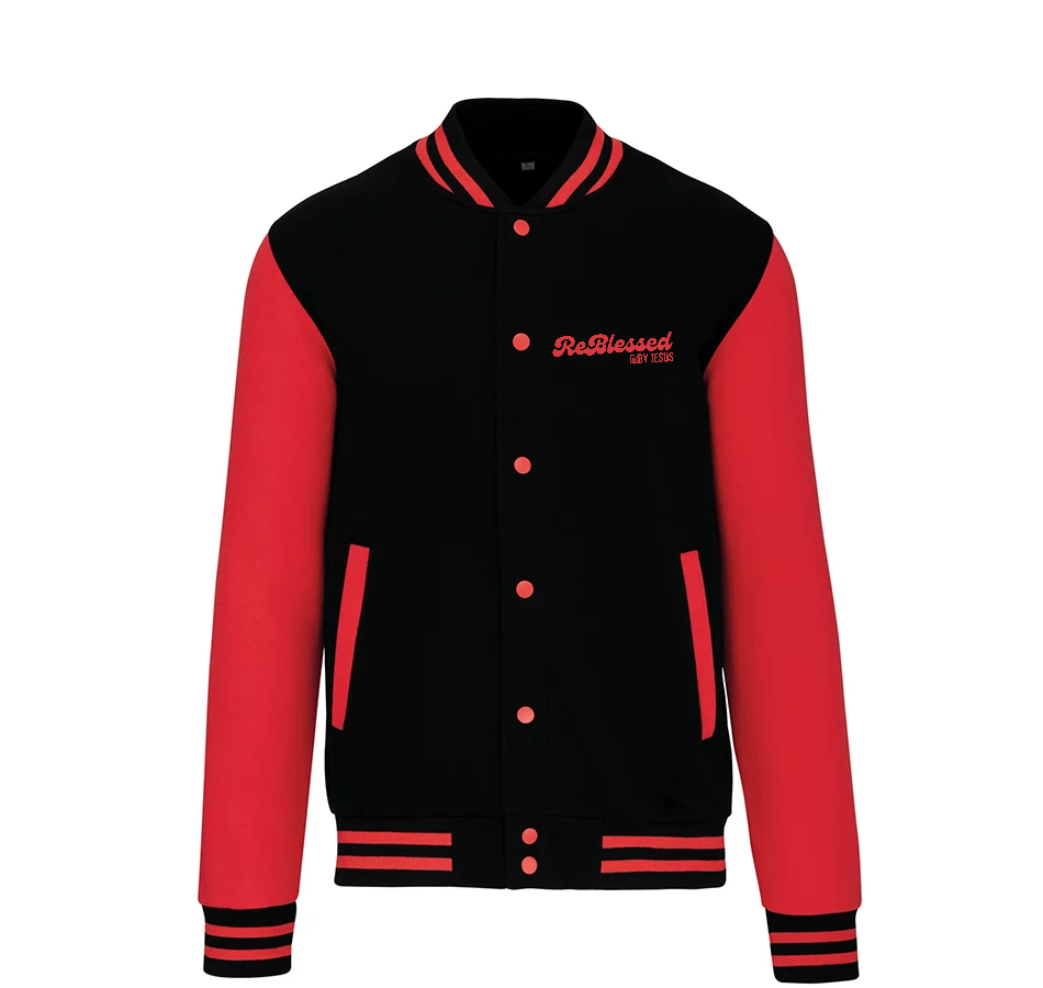 K497 - College Varsity jacket unisex met mouwopdruk: "Jesus is The Way The Truth The Life John 14:6"