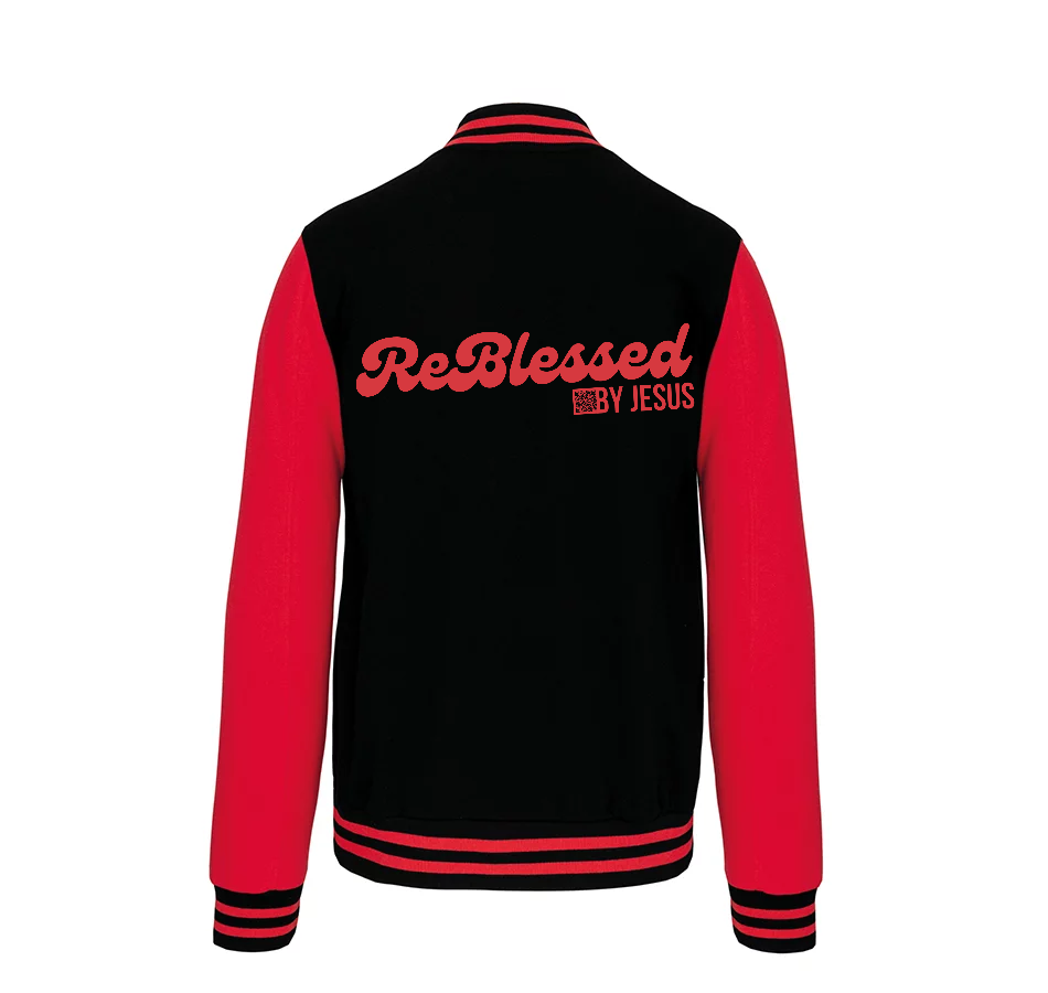 K497 - College Varsity jacket unisex met mouwopdruk: "Jesus is The Way The Truth The Life John 14:6"