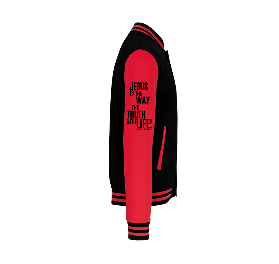 K497 - College Varsity jacket unisex met mouwopdruk: "Jesus is The Way The Truth The Life John 14:6"