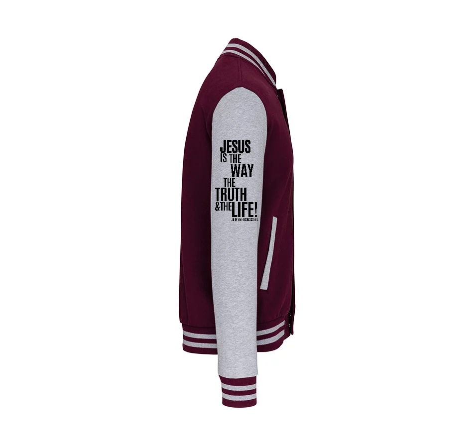K497 - College Varsity jacket unisex met mouwopdruk: "Jesus is The Way The Truth The Life John 14:6"