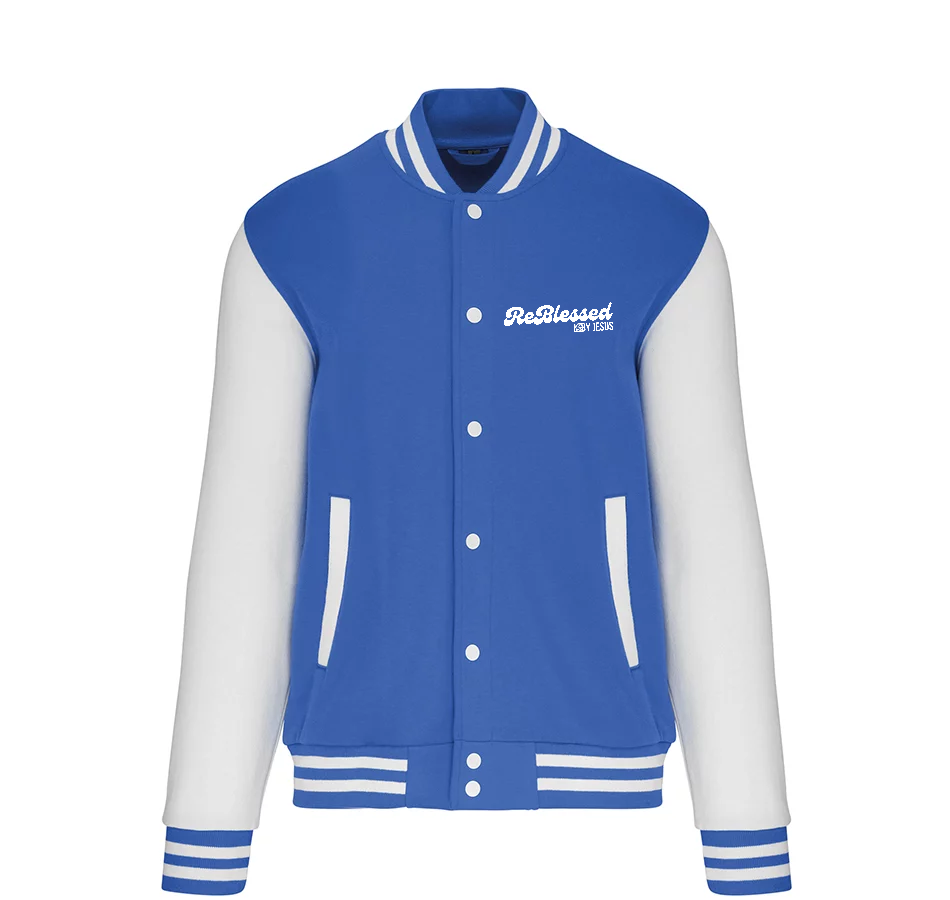 K497 - College Varsity jacket unisex met mouwopdruk: "Jesus is The Way The Truth The Life John 14:6"