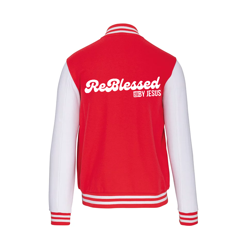 K497 - College Varsity jacket unisex met mouwopdruk: "Jesus is The Way The Truth The Life John 14:6"