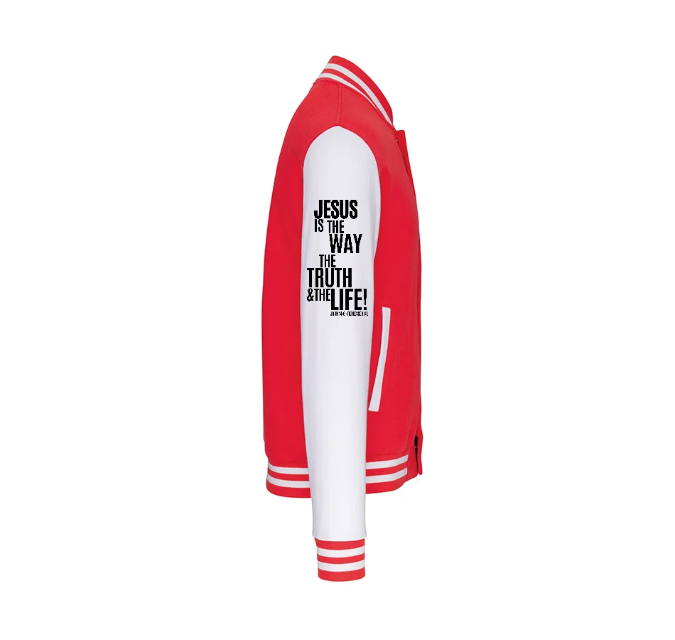 K497 - College Varsity jacket unisex met mouwopdruk: "Jesus is The Way The Truth The Life John 14:6"